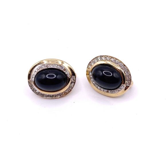 Nina Ricci Signed Gold Tone and Black Retro Suds Earrings with Rhinestones - Picture 6 of 6